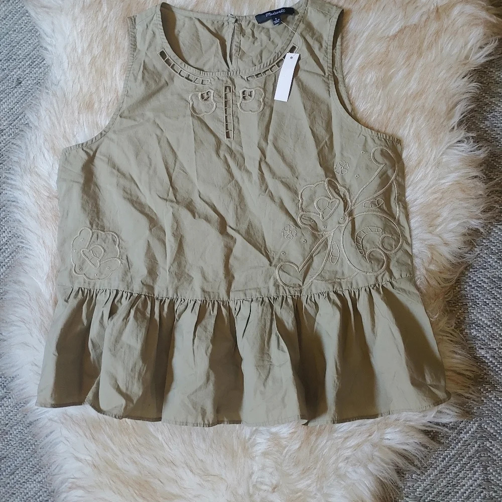 New Madewell Embroidered Peplum Tank Top Ash Green Sz Small G7342